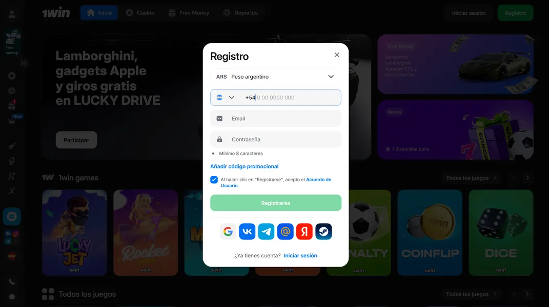 Registro y acceso en 1Win